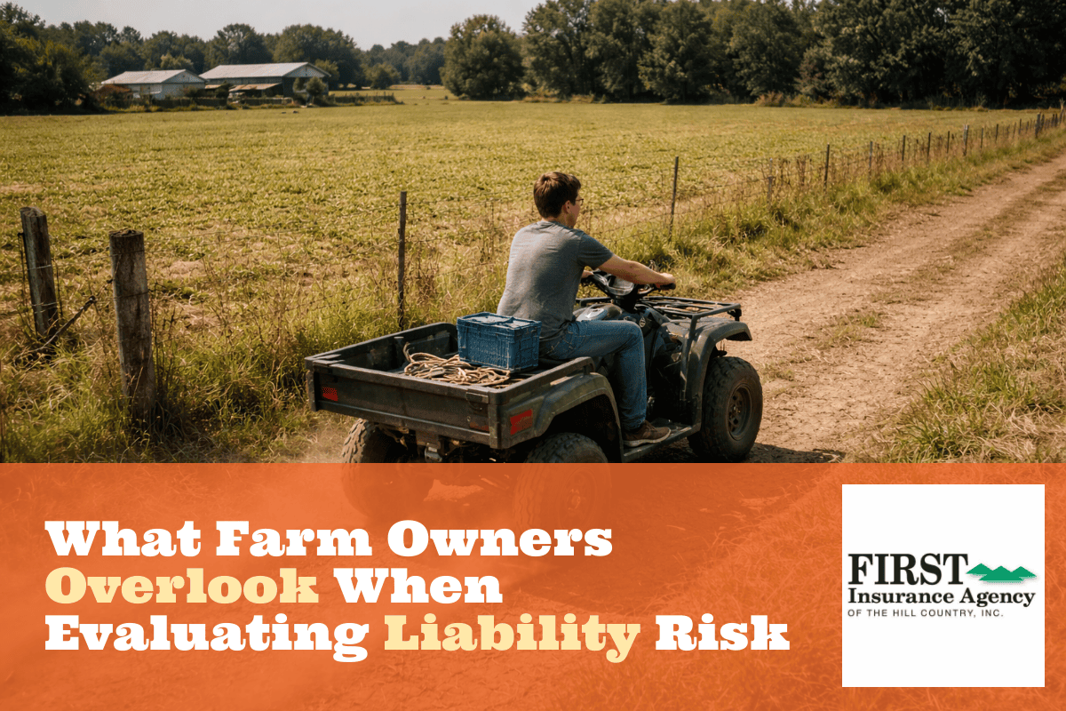 A teenage farmworker driving an ATV across an open field, no safety gear, passing near a fence line, wide agricultural landscape.